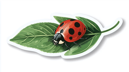 Fototapeta premium Cute Ladybug Sticker, Tiny Red Ladybug Crawling on a Fresh Green Leaf, Lucky and Charming Springtime Nature Aesthetic, Isolated on White Background, Generated AI 