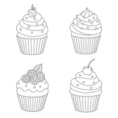 Pastry shop logo. Set of black cupcakes, muffin logo. Vector illustrations isolated on white background. Can be used as icon, sign or symbol - cupcake silhouette, cake, sweet pastries, muffin.
