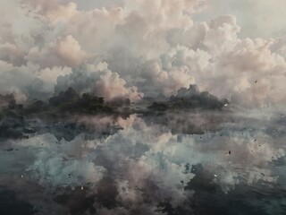 Ethereal cloudscape reflects over a serene body of water dotted with misty land formations and scattered birds