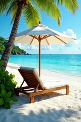 Obraz premium Stunning tropical beach; umbrella and comfy chair await , escape, seaweed