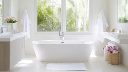 Modern, bright bathroom with a soaking tub and view