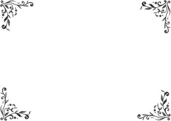 Frame. In each corner of background there are small patterns consisting of curls, leaves, circles. . Different shades of gray, black color. Plumbago. White copy space. Invitation, card, certificate.