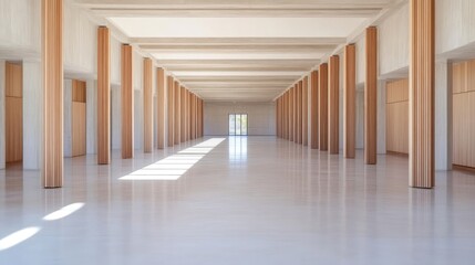 Fototapeta premium Empty, light-filled hall with wooden columns