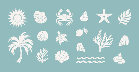 A summer boho vintage icon set featuring hand-drawn palm tree, sun, sea, seashells, coral, and crab in a playful, groovy, naive style. Ideal for tropical surf club themes, travel, and vacation prints.