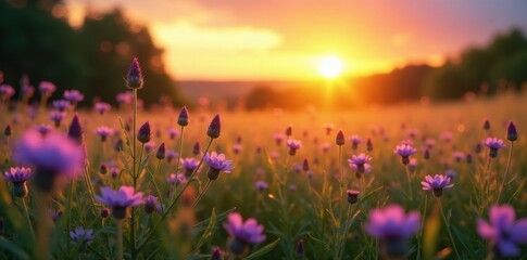 Sunset bathes purple wildflowers in a summer meadow's golden light , rural, idyllic