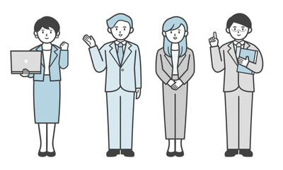 スーツ姿の男女の4人セット（全身・ポーズあり）