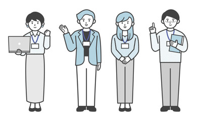 オフィスカジュアル姿の男女の4人セット（全身・ポーズあり）