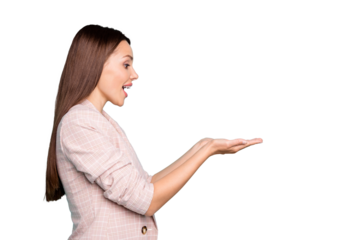 Profile side view portrait of nice attractive lovely cheerful cheery feminine straight-haired lady holding invisible object isolated over bright vivid shine blue green teal turquoise background