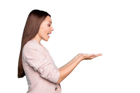 Profile side view portrait of nice attractive lovely cheerful cheery feminine straight-haired lady holding invisible object isolated over bright vivid shine blue green teal turquoise background