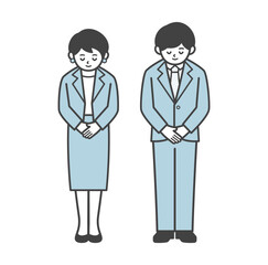 お辞儀をするスーツ姿の男女（全身）