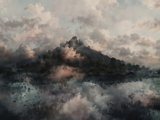 Ethereal peaks mirror swirling skies amidst serene water a landscape of mystery