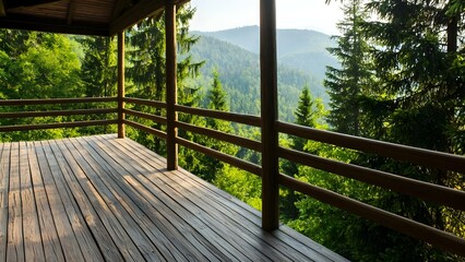 Fototapeta premium A wooden deck with railings overlooks a lush green landscape of mountains and trees in the distance, bathed in soft morning light. Concept Wooden Deck, Scenic Overlook, Lush Green Landscape