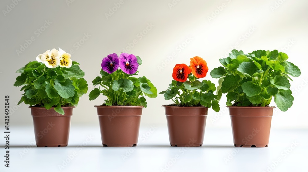 Poster four potted plants of different colors and sizes are arranged in a row on a table. the plants are in
