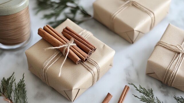 Kraft paper gift wrapping with twine and cinnamon sticks for Mother's Day .