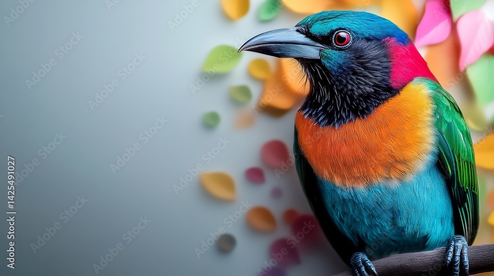Poster colorful bird is perched on a branch. the bird is multicolored and has a bright green head. the back