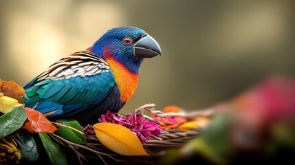 Colorful bird is perched on a branch with leaves and flowers around it. The bird is blue and orange, and it is enjoying the colorful surroundings. Concept of peace and tranquility