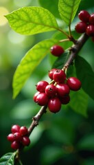 Obraz premium Vibrant red coffee cherries nearing harvest amongst lush foliage , juicy, texture, farm