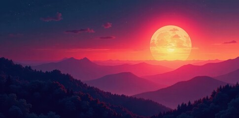 Vibrant sunset hues blend into night, crescent moon ascends , lunar, blue, gradient