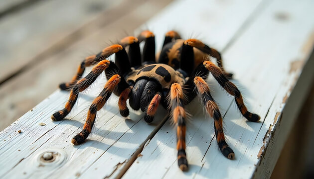 Detailed close-up of a striking Mexican redknee tarantula resting on aged wood