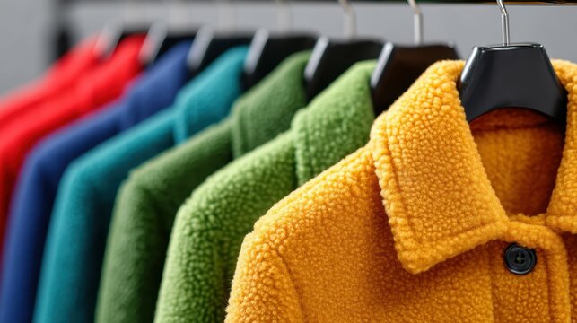 The rack is adorned with an array of coats and jackets in vibrant shades of red, blue, green, and yellow