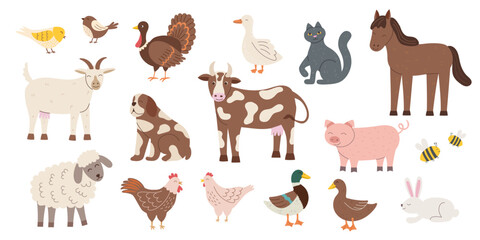 Set of farm animals isolated on white background. Farming and livestock concept. Vector flat hand drawn cliparts. 