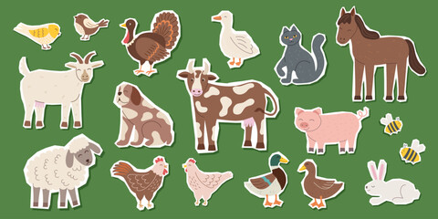 Set of farm animals stickers isolated on green background. Farming and livestock concept. Vector flat hand drawn cliparts.  © Julia Anisimova