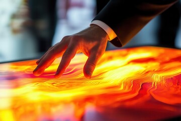 Business professional interacting with a vibrant digital display showcasing dynamic visuals