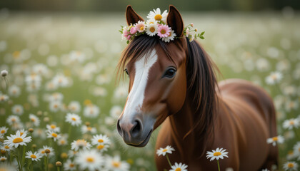A horse adorned with a floral crown in a daisy-filled meadow.