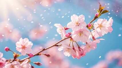 Cherry blossoms in full bloom, Soft pink petals, Blue sky background, Falling petals, Dreamy atmosphere, Springtime, Delicate flowers, Blurred focus, Ethereal light, Pastel colors, Bokeh effect, Close