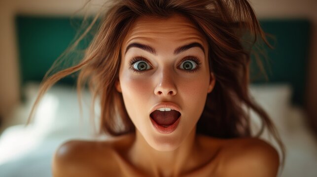 Woman with long brown hair and green eyes is making a surprised face. She is wearing no clothes and is standing in front of a bed