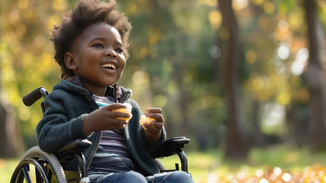 Joyful celebration of international children's day in a park setting. Smiling African American boy in wheelchair. International Day of the African Child. International Day of Persons with Disabilities - Powered by Adobe