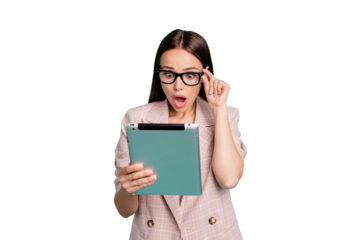 Portrait of her she nice-looking attractive lovely pretty astonished straight-haired lady touching specs reading bad news isolated over bright vivid shine blue green teal turquoise background