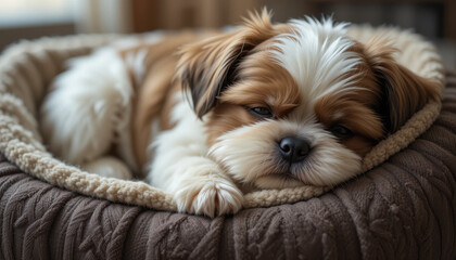 A sleepy dog resting comfortably in a cozy bed.