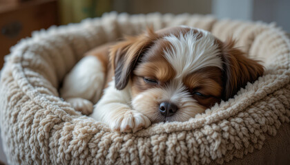 A sleeping puppy nestled in a cozy pet bed.