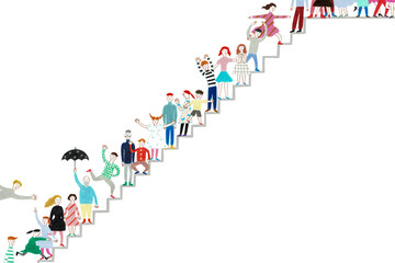  手描きイラスト　階段を上る人々