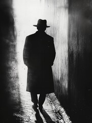Silueta de un hombre con gabardina y sombrero caminando por un callejón oscuro, con una luz brillante al final.