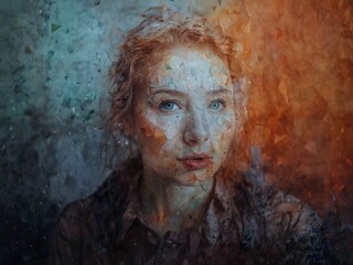 Fractured Portrait A womans face breaks into shards caught between cold blue and warm orange hues