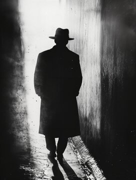 Fototapeta Silueta de un hombre con gabardina y sombrero caminando por un callejón oscuro, con una luz brillante al final.
