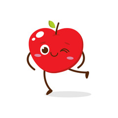 Cute red apple cartoon character with winking eye, showing a Excited pose. Perfect for kids illustrations, healthy food designs, or educational materials