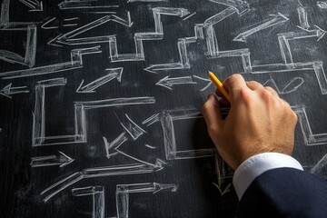 Business professional solving complex problems with chalk arrows on a blackboard