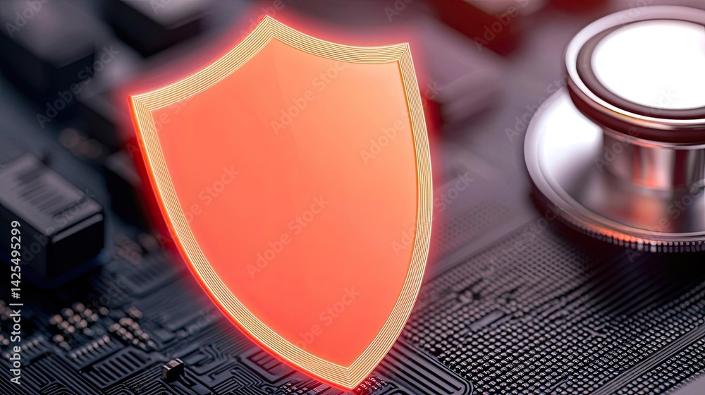 Poster digital shield with medical cross privacy and record concept. digital shield symbolizing cybersecuri