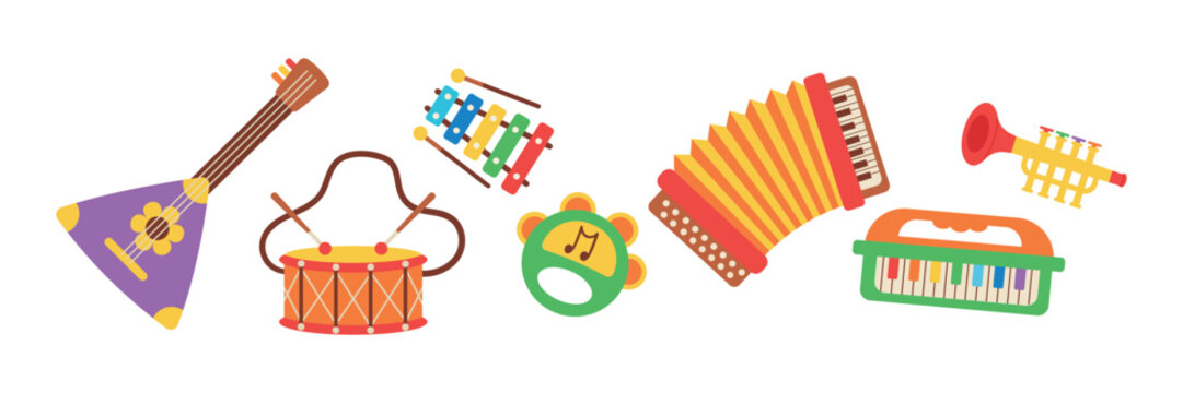 A set of children's musical instruments painted in a cartoon style. Vector illustration of musical toys