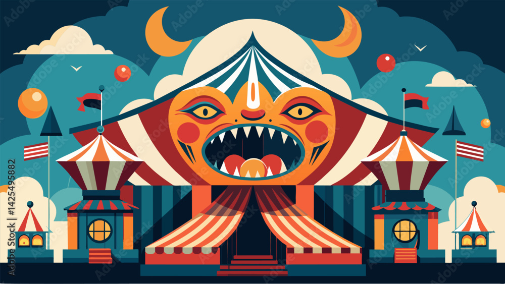 Poster a giant contion resembling a carnival funhouse with distorted mirrors and distorted voices spewing l