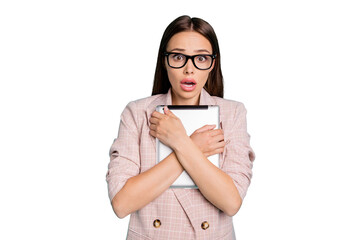 Close-up portrait of her she nice-looking attractive lovely winsome smart clever frightened straight-haired lady hugging ebook isolated over bright vivid shine blue green teal turquoise background