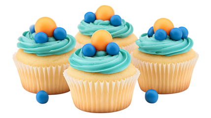 Isolated Cupcakes With Blue Turquoise Frosting And Colorful Decoration on Transparent Background