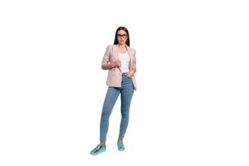 Full length body size view of her she nice-looking attractive lovely pretty content smart clever straight-haired lady posing isolated over bright vivid shine blue green teal turquoise background
