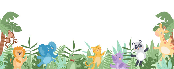 Cute safari animals banner on white background. Hand-drawn vector illustration in flat style.
