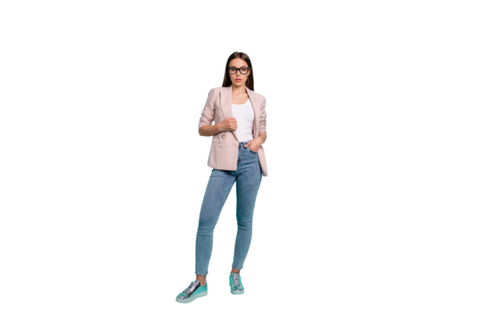 Full length body size view of her she nice-looking attractive lovely pretty content smart clever straight-haired lady posing isolated over bright vivid shine blue green teal turquoise background