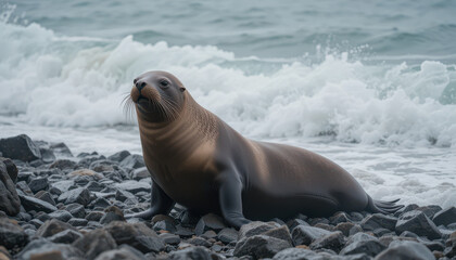 Naklejka premium A seal resting on rocky shore near ocean waves.