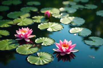 Vibrant water lilies forming a natural floral pattern on the lake, water lilies, blossom, landscape